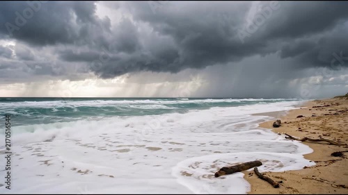 Dramatic Stormy Ocean Waves Crashing on Sandy Beach Under Dark Clouds.