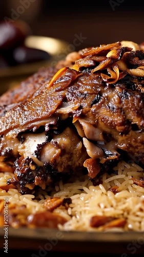 Roasted lamb on basmati rice with toasted almonds and caramelized onions on a brass platter, middle eastern mansaf kabsa festive feast