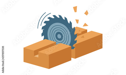Circular saw cutting wood plank with wood chips flying
