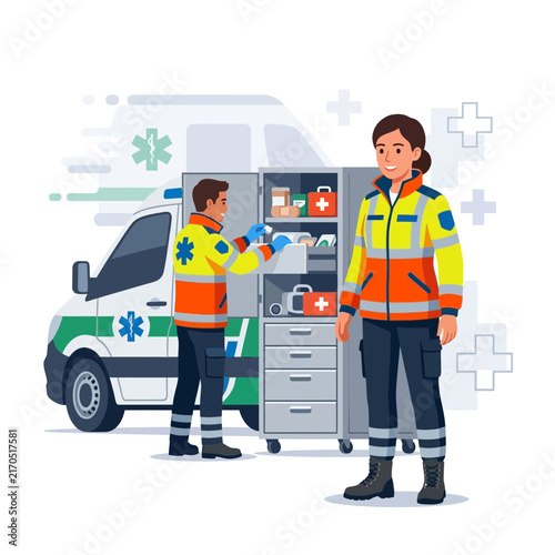 Paramedics in Uniform with Ambulance and Medical Supplies