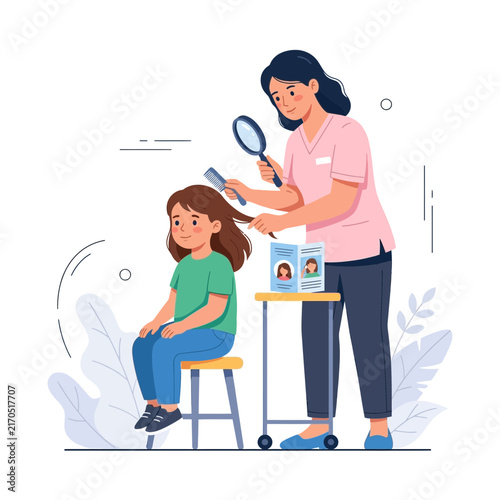 Pediatrician Inspecting Child's Hair with Magnifying Glass and Comb, Healthcare Concept