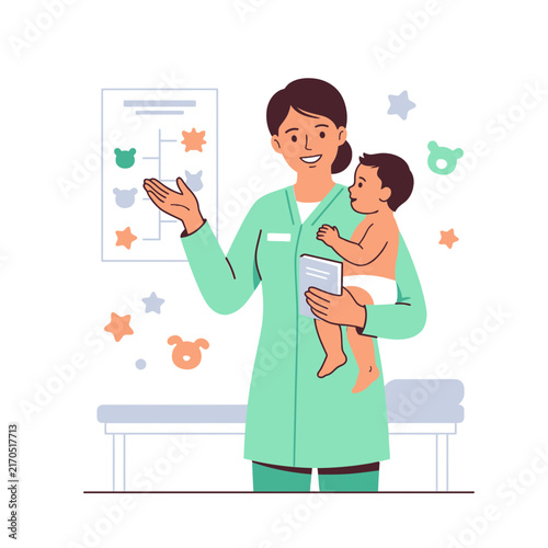Pediatrician holding baby, explaining growth chart in clinic with cute animal icons and examination table.