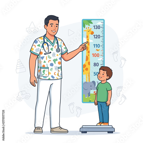 Pediatrician measures child's height and weight with a fun giraffe chart and scales in a cheerful clinic setting.