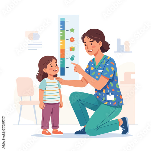 Pediatrician Measures Child's Height on Growth Chart, Healthcare Concept Illustration