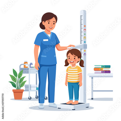 Pediatrician measures child's height on stadiometer in clinic, showing growth check-up and healthcare concept.