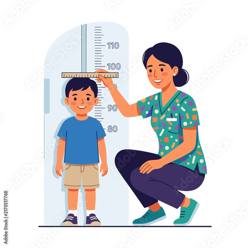 Pediatrician measures child's height on stadiometer, healthcare, growth check, doctor and patient, medical illustration