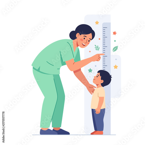 Pediatrician measures child's height using a stadiometer, symbolizing growth and healthcare check-up