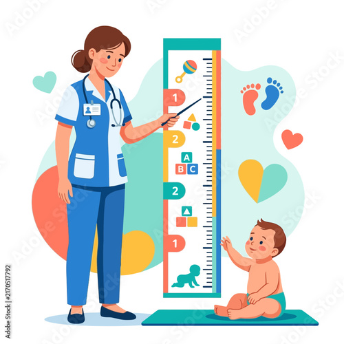 Pediatrician Measuring Baby's Height with Growth Chart, Healthcare and Child Development