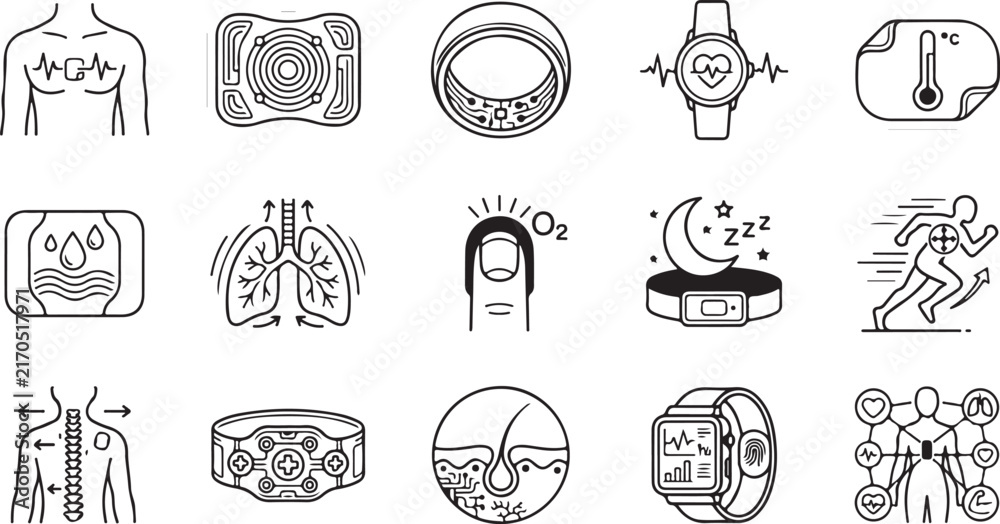 Fototapeta premium Wearable health tech line icons set with smartwatch fitness tracker bio sensor and smart ring vectors