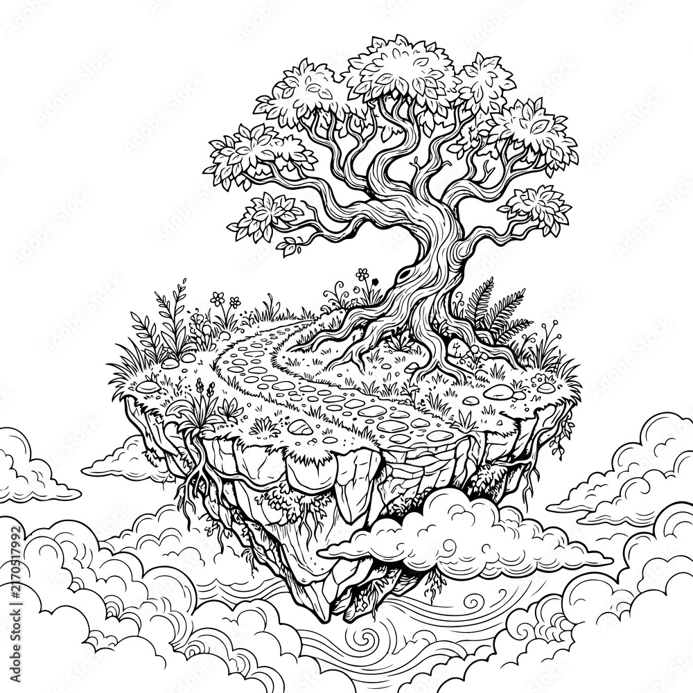 Obraz premium Magical floating island with a large gnarled tree and a winding stone path drifting in the sky above clouds in black and white line style