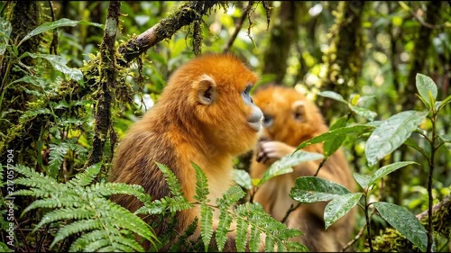 Golden Snub Nosed Monkeys In Lush Green Forest Habitat.