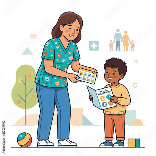 Pediatrician showing health milestones to a child, doctor illustration, child health concept, medical care, friendly nurse