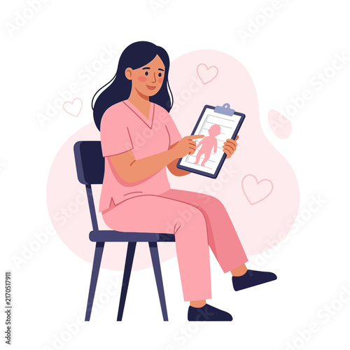 Pediatrician shows baby growth chart on clipboard, vector illustration