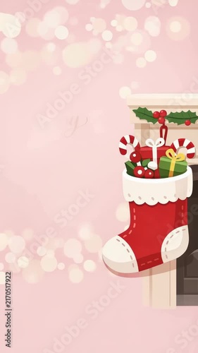 Happy new year message with a red christmas stocking filled with candy canes and wrapped gifts hanging from a decorated mantel against a pink bokeh background