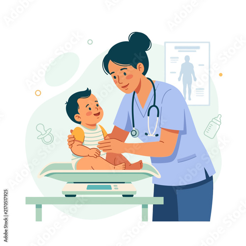 Pediatrician weighing a baby on a scale in a bright, modern clinic illustration