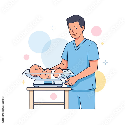 Pediatrician weighing a newborn baby on a digital scale in a clean, modern illustration style with soft pastel accents.