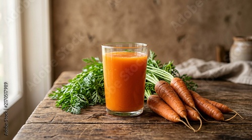 A glass of fresh orange carrot juice placed next to a bunch of fresh carrots with green leaves on a rustic wooden table.