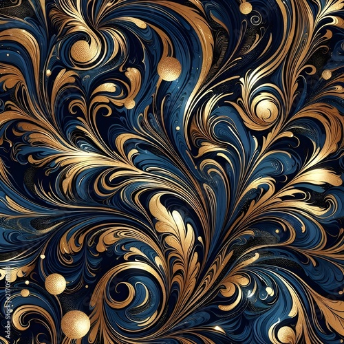 Luxurious golden swirling abstract patterns and spheres on deep blue background.