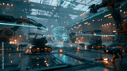 Futuristic smart factory with collaborative robots, cyan data beams, holographic core, and volumetric blue amber lighting, clean negative space ideal for technology landing page hero imagery