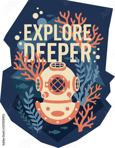 Vibrant underwater exploration graphic design with a vintage diving helmet, ideal for Apparel, Merchandising, and creative Design projects.