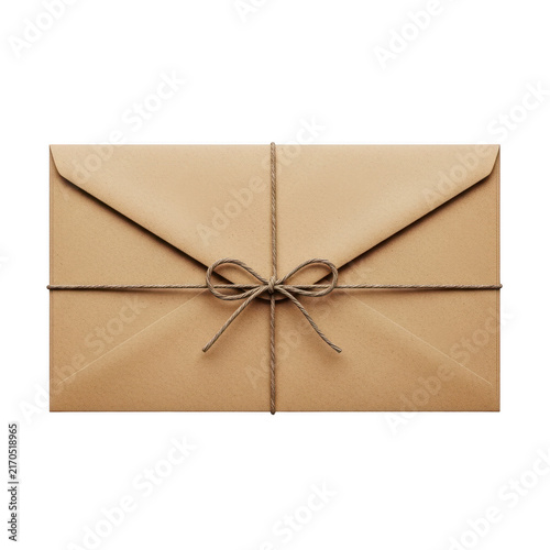 Brown paper envelope tied with rustic twine string and a simple bow isolated on transparent background