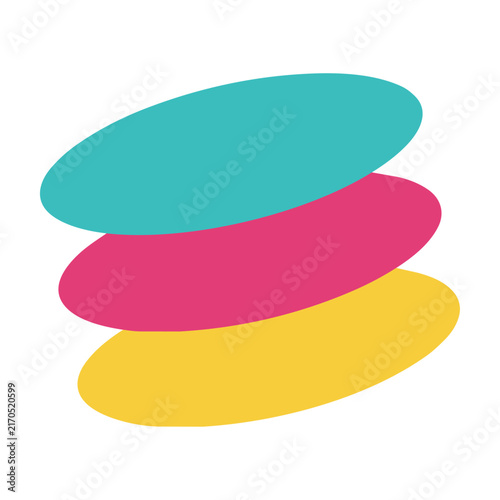 Balanced stack of three colorful circular discs in cyan magenta and yellow tones isolated on a white background. Minimalist geometric concept