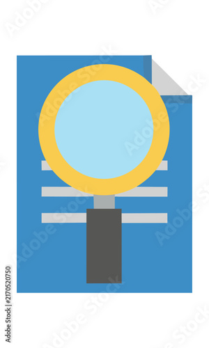 Professional flat icon depicting a stylized magnifying glass hovering over a document in blue, grey, and yellow. Information search concept