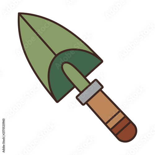 Stylized garden trowel with a wooden handle and pointed scoop blade using flat colors and clean shapes isolated on white Gardening and planting concept