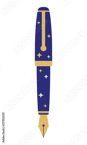 Elegant fountain pen with decorative sparkles and simple minimalist design on a white background. Creative writing and business concept
