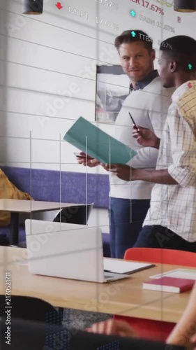 Animation of data processing and stock market over diverse business people talking in office