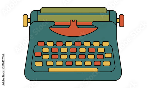 Stylized vintage manual typewriter with a rounded frame and simplified mechanical keys in a flat monoline aesthetic on a white background creative writing concept