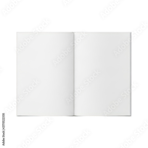Open blank book with two empty white pages spread flat on a dark surface isolated on transparent background