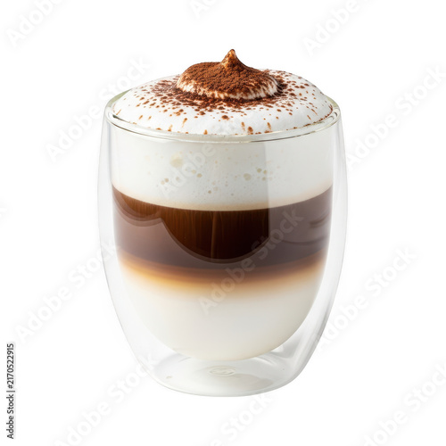 Delicious layered coffee latte with milk foam and cocoa powder in a glass cup isolated on transparent background