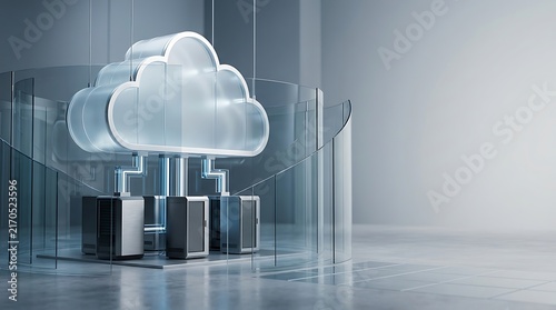 Plakat Cloud computing infrastructure with server racks and digital cloud icon in modern data center.