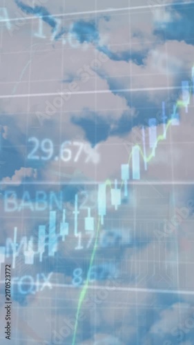 Animation of financial data processing and stock market over sky