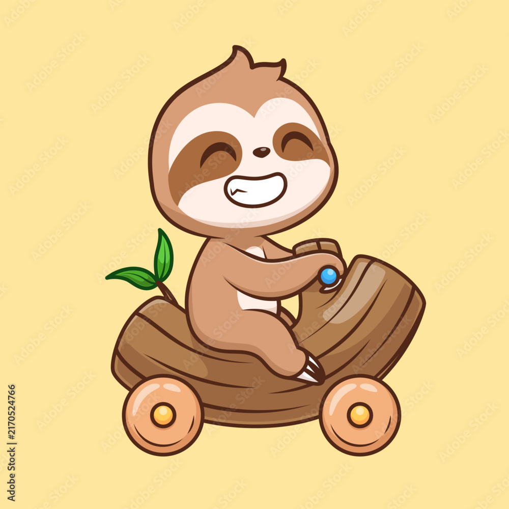Naklejka premium Cute Sloth Riding Branch Tree Motorcycle Toy Cartoon
