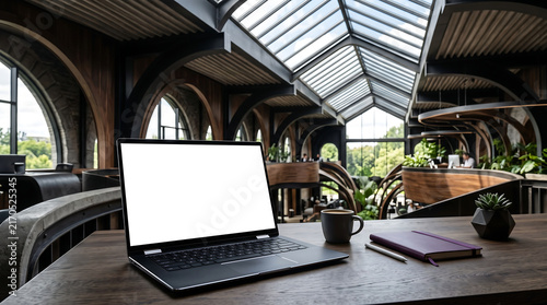 A stylish workspace with laptop, coffee cup, notebook, and succulent under arched windows and skylight; warm wooden tones.