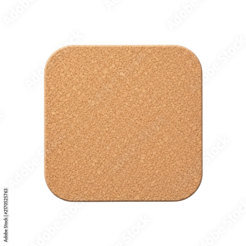Square cork coaster with rounded corners for home and kitchen table drink protection isolated on transparent background