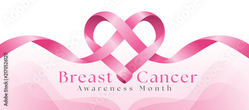 Breast cancer awareness month - Pink ribbon rolling and waving cross to heart shape vector design