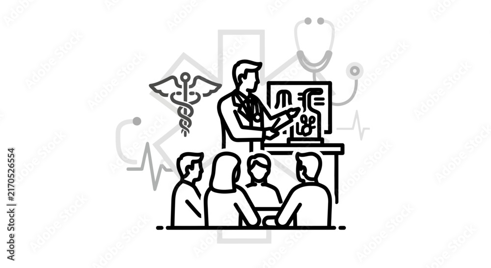 Fototapeta premium Doctor teaching medical students anatomy on screen with stethoscope and caduceus