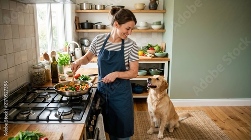 Smiling woman preparing healthy meal in kitchen with golden retriever watching. Young female cooking vegetables in pan while dog sits beside her