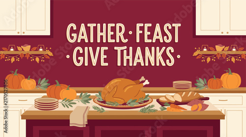 Heartwarming Thanksgiving Family Feast in a Cozy Kitchen Setting with Festive Greetings and Autumn Decor