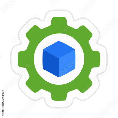 Green Gear Vector Icon with 3D Cube for Engineering Development, Software Architecture, System Configuration, and Technology Concept