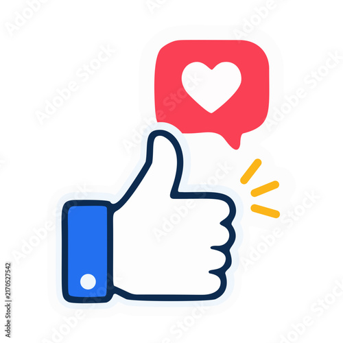 Thumbs Up Vector Icon with Red Heart Speech Bubble for Social Media Like, Love Feedback, Positive Rating, and Engagement Concept