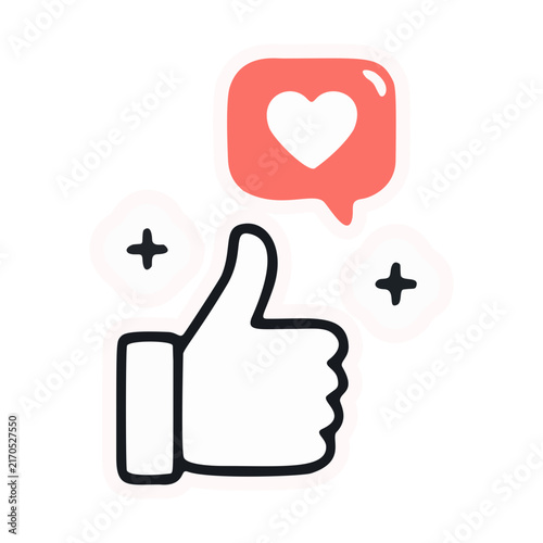 Line Art Thumbs Up Vector Icon with Red Heart Speech Bubble for Social Media Like, Love Feedback, Positive Rating, and Engagement Concept