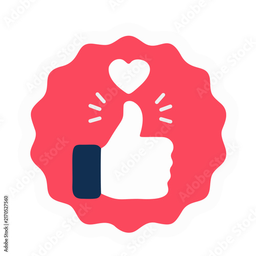 Thumbs Up Vector Icon with Red Heart Badge for Top Rated Social Media Like, Favorite Choice, Customer Love, and Premium Appreciation Concept