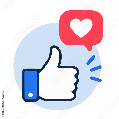 Thumbs Up Vector Icon with Red Heart Speech Bubble for Social Media Like, Love Feedback, Positive Engagement, and Customer Appreciation Concept