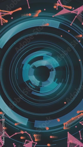 Rotating circular interface with geometric shapes and particles, futuristic animation