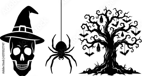 Spooky halloween silhouettes featuring skull in witch hat with spider and bat tree on transparent background.