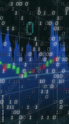 Binary code and financial chart animation over stock market data